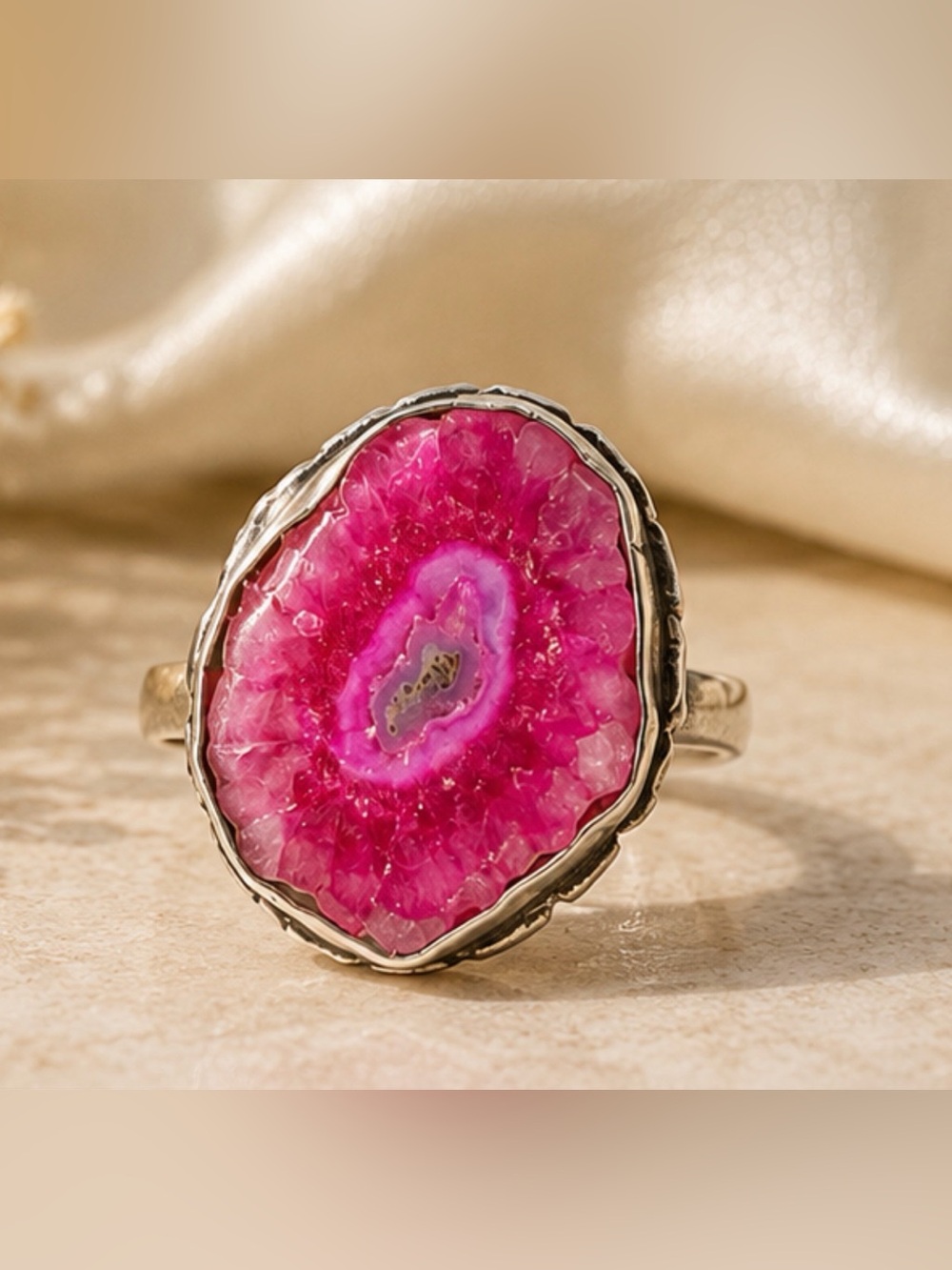 Pink Geode Statement Ring - Silver Tone